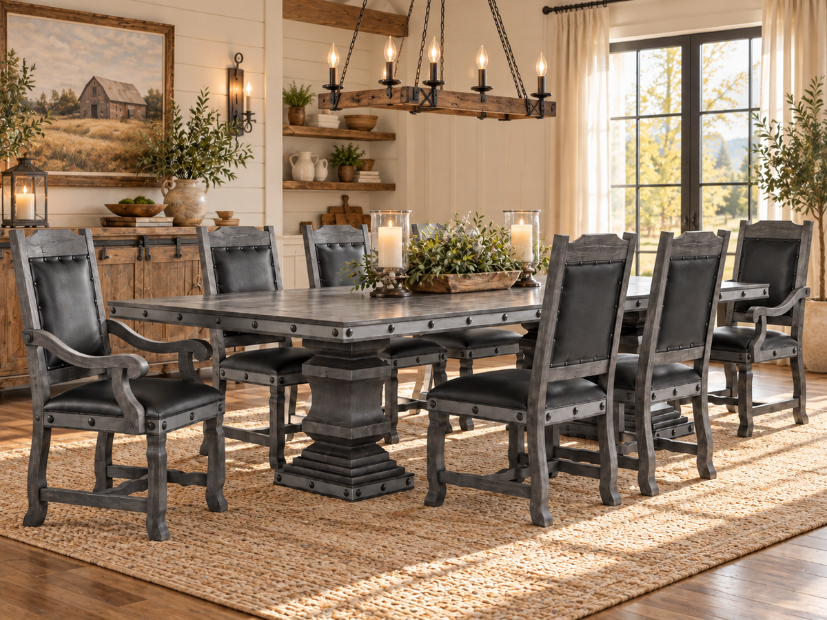 Rustic Weathered Gray 9-Piece Dining Room Set with 102-Inch Double-Pedestal Table & Nailhead-Trim Upholstered Chairs