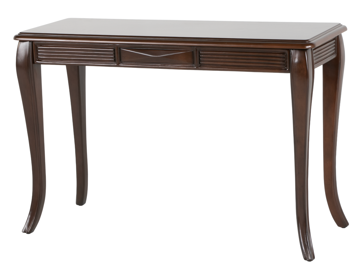 Transitional Dark Brown Sofa Table with Framed Inlay-Style Top, Fluted Apron Details & Curved Legs
