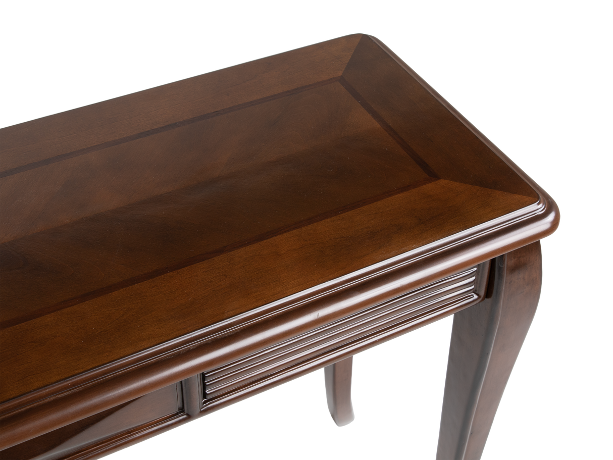 Transitional Dark Brown Sofa Table with Framed Inlay-Style Top, Fluted Apron Details & Curved Legs