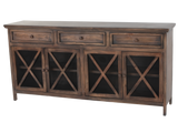 Rustic Brown 4-Door Console Table with Mesh Doors & 3 Storage Drawers