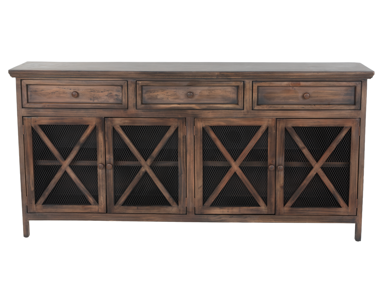 Rustic Brown 4-Door Console Table with Mesh Doors & 3 Storage Drawers