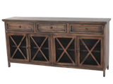 Rustic Brown 4-Door Console Table with Mesh Doors & 3 Storage Drawers