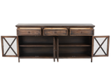 Rustic Brown 4-Door Console Table with Mesh Doors & 3 Storage Drawers