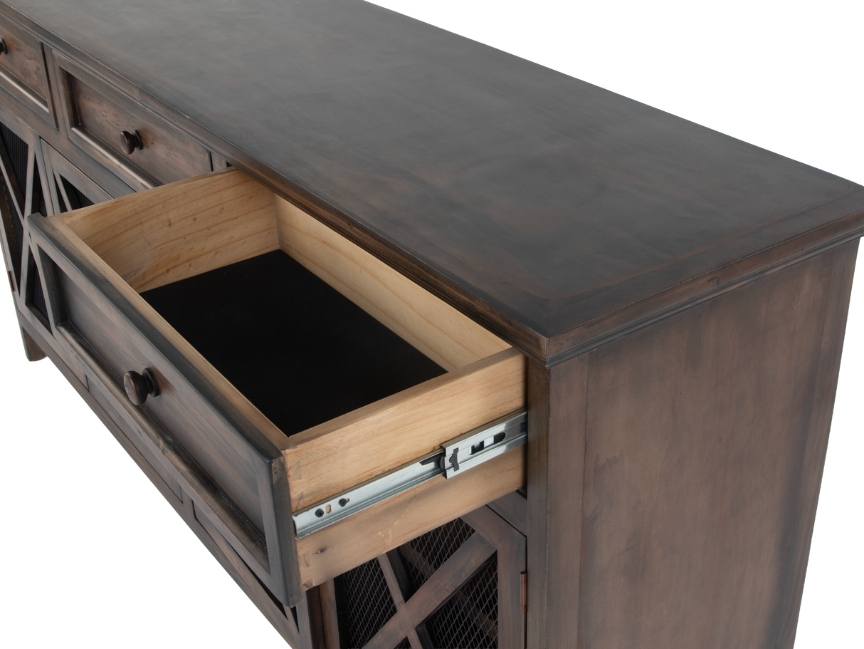 Rustic Brown 4-Door Console Table with Mesh Doors & 3 Storage Drawers