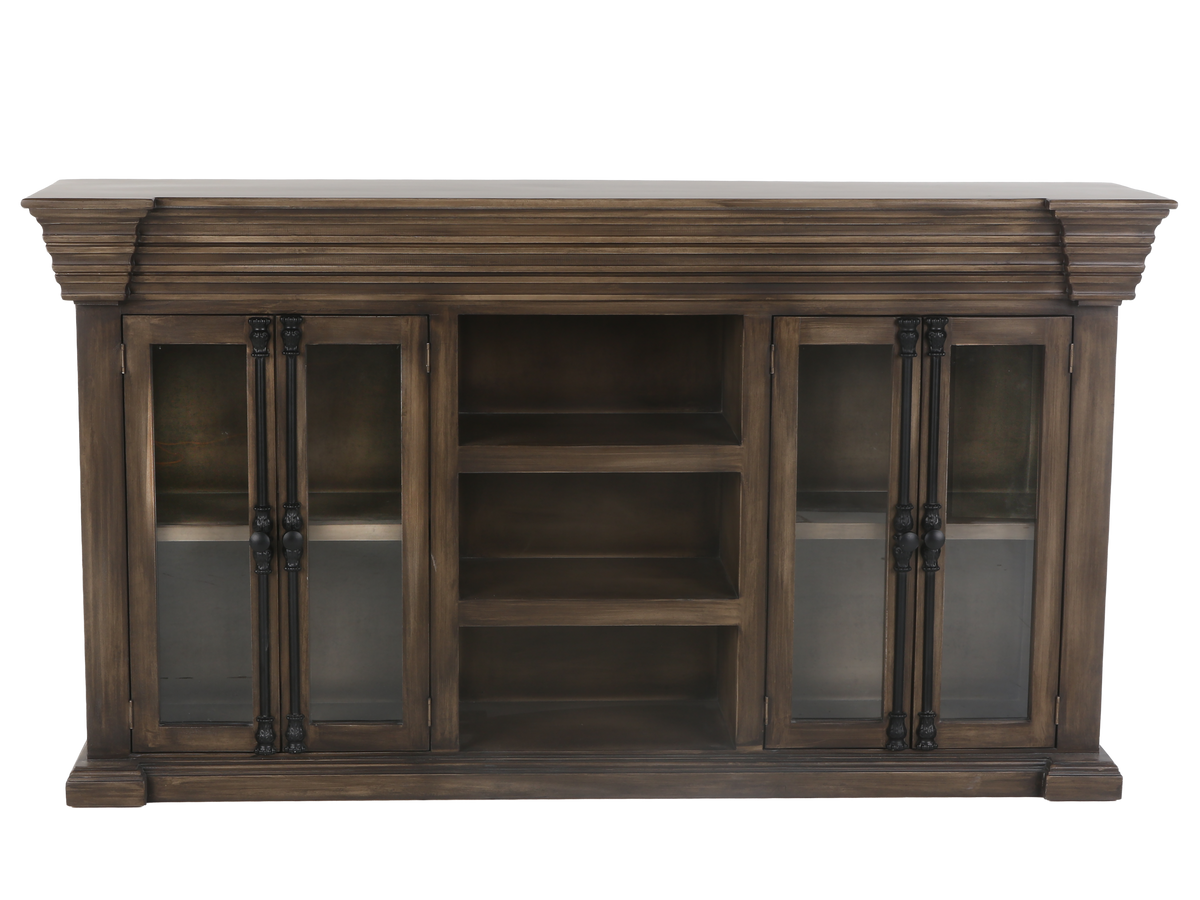 Rustic Brown Glass Door TV Console with Center Shelving