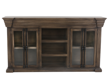 Rustic Brown Glass Door TV Console with Center Shelving
