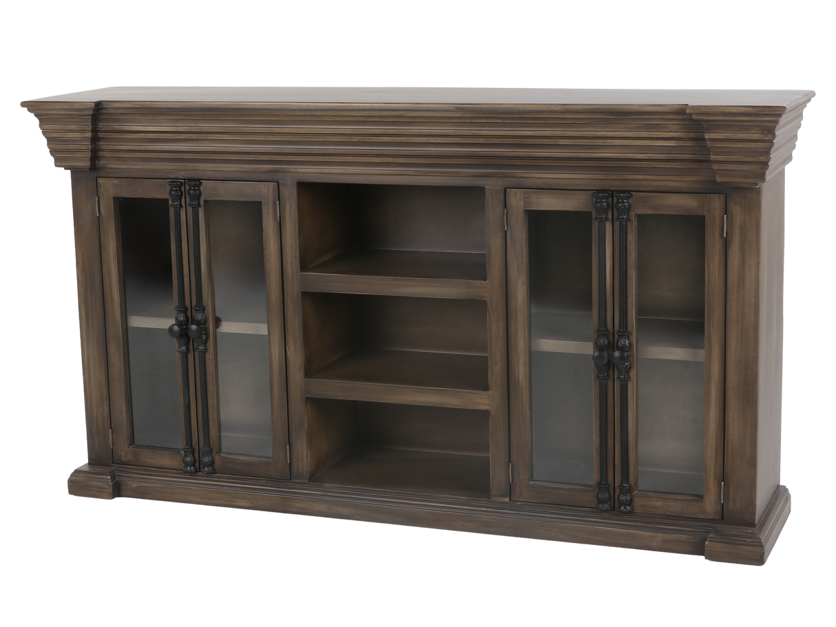 Rustic Brown Glass Door TV Console with Center Shelving