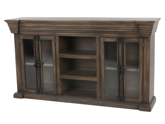 Rustic Brown Glass Door TV Console with Center Shelving
