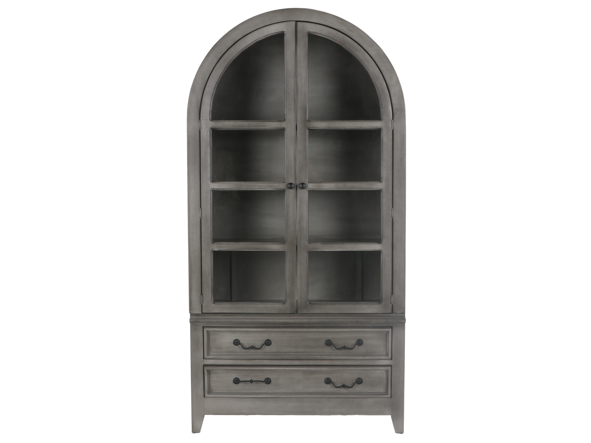 Arched Gray Display Cabinet with Glass Doors & Storage Drawers
