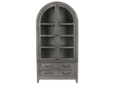 Arched Gray Display Cabinet with Glass Doors & Storage Drawers