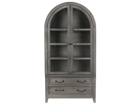 Arched Gray Display Cabinet with Glass Doors & Storage Drawers