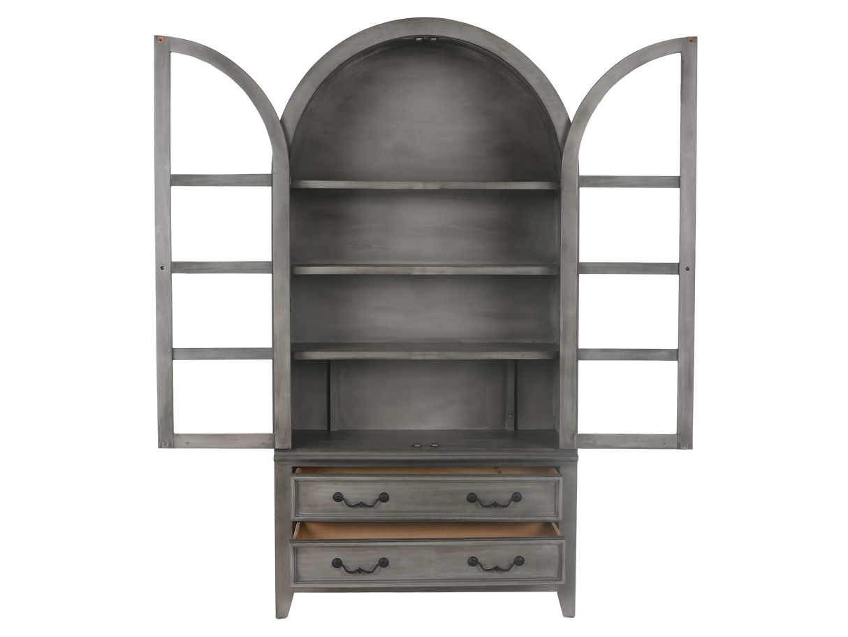 Arched Gray Display Cabinet with Glass Doors & Storage Drawers