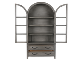 Arched Gray Display Cabinet with Glass Doors & Storage Drawers