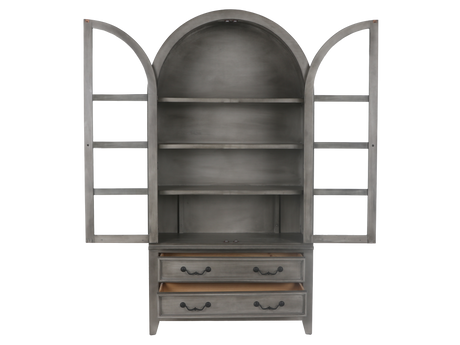 Arched Gray Display Cabinet with Glass Doors & Storage Drawers - view 3
