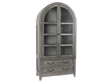Arched Gray Display Cabinet with Glass Doors & Storage Drawers