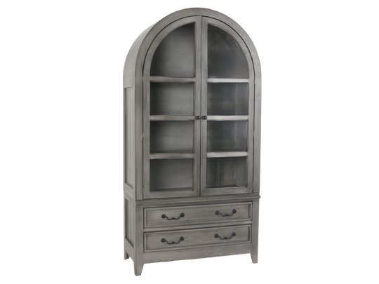 Arched Gray Display Cabinet with Glass Doors & Storage Drawers