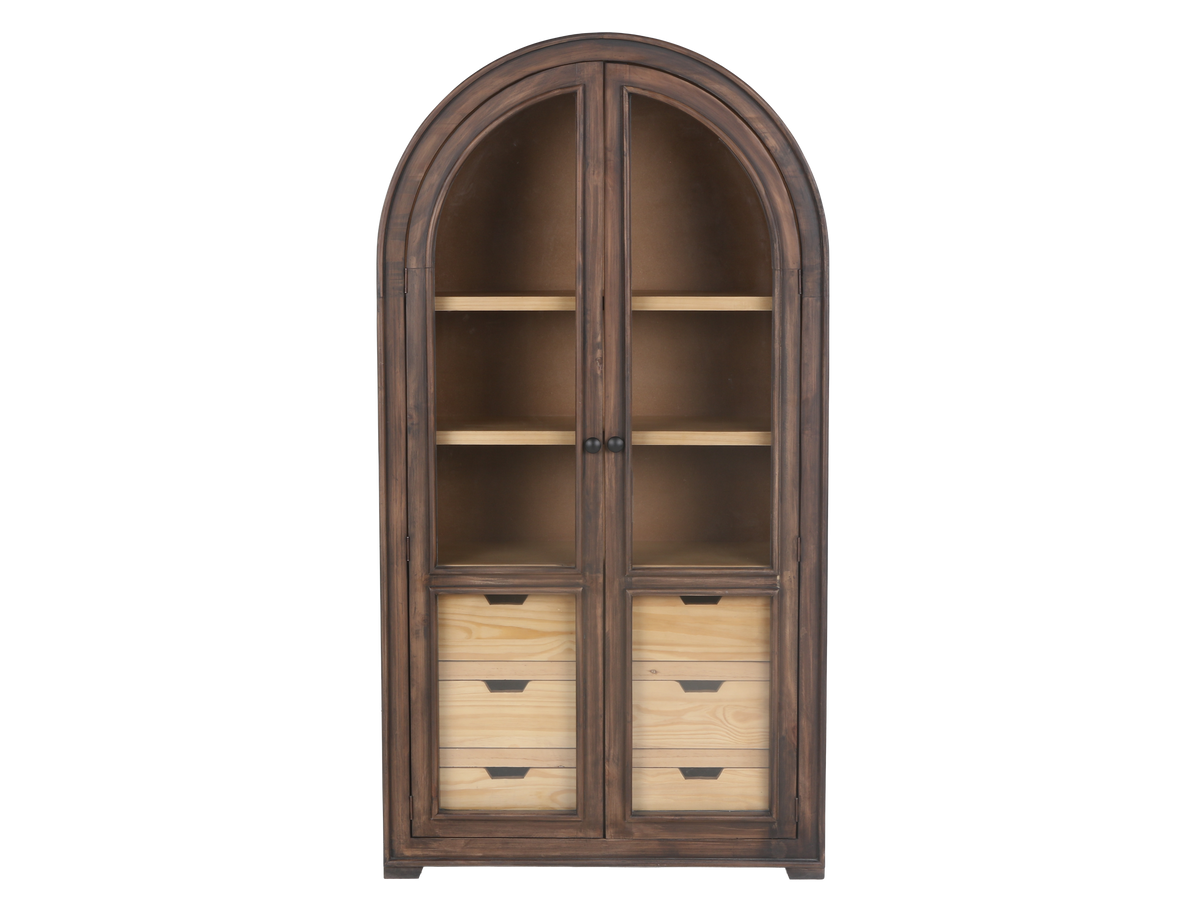 Rustic Brown Arched Glass Door Curio Cabinet with 6 Drawers