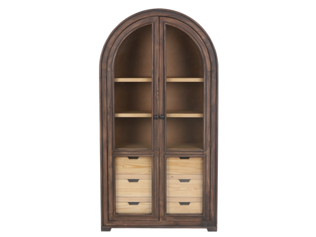 Rustic Brown Arched Glass Door Curio Cabinet with 6 Drawers