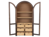 Rustic Brown Arched Glass Door Curio Cabinet with 6 Drawers