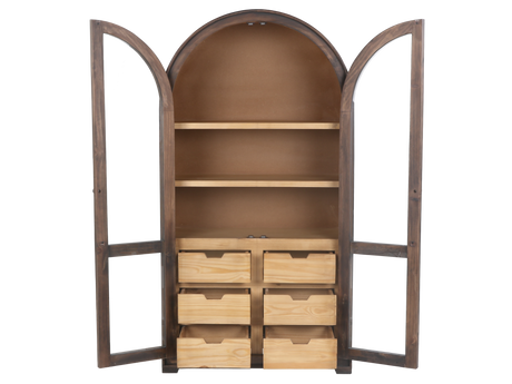 Rustic Brown Arched Glass Door Curio Cabinet with 6 Drawers - view 5
