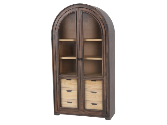 Rustic Brown Arched Glass Door Curio Cabinet with 6 Drawers