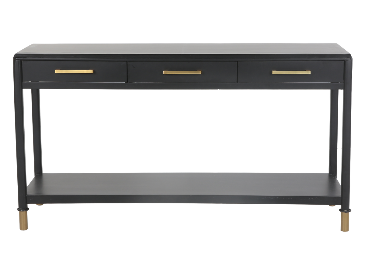Black Modern Console Table with Brass Accents and 3 Drawers
