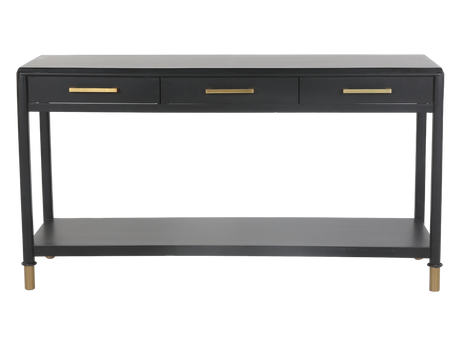 Black Modern Console Table with Brass Accents and 3 Drawers