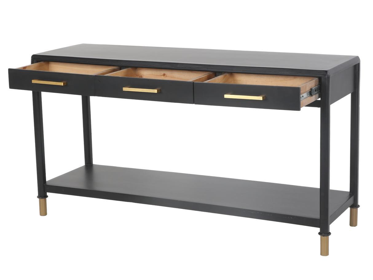 Black Modern Console Table with Brass Accents and 3 Drawers