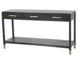 Black Modern Console Table with Brass Accents and 3 Drawers