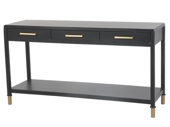 Black Modern Console Table with Brass Accents and 3 Drawers