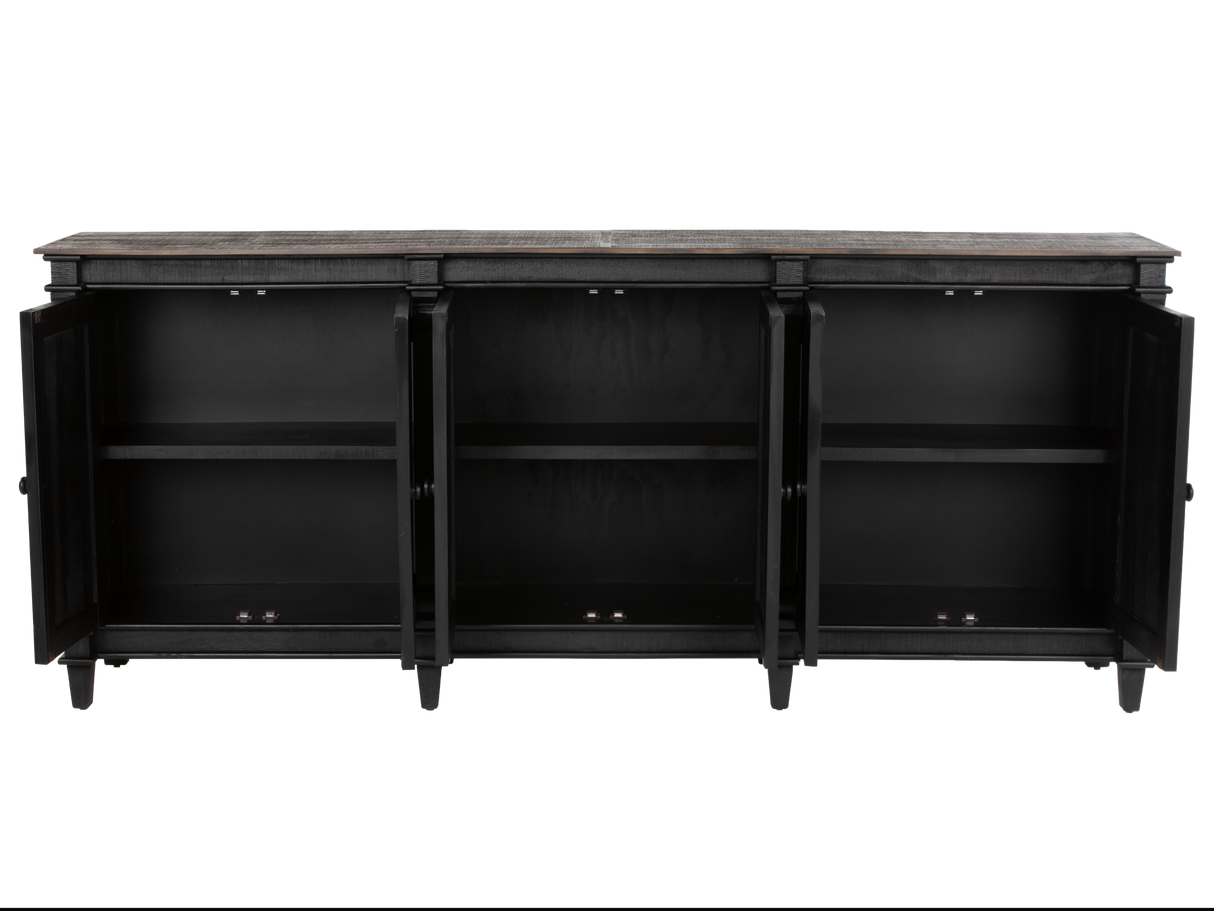 Rustic Black 4-Door Sideboard Buffet / TV Stand with Weathered Wood Top