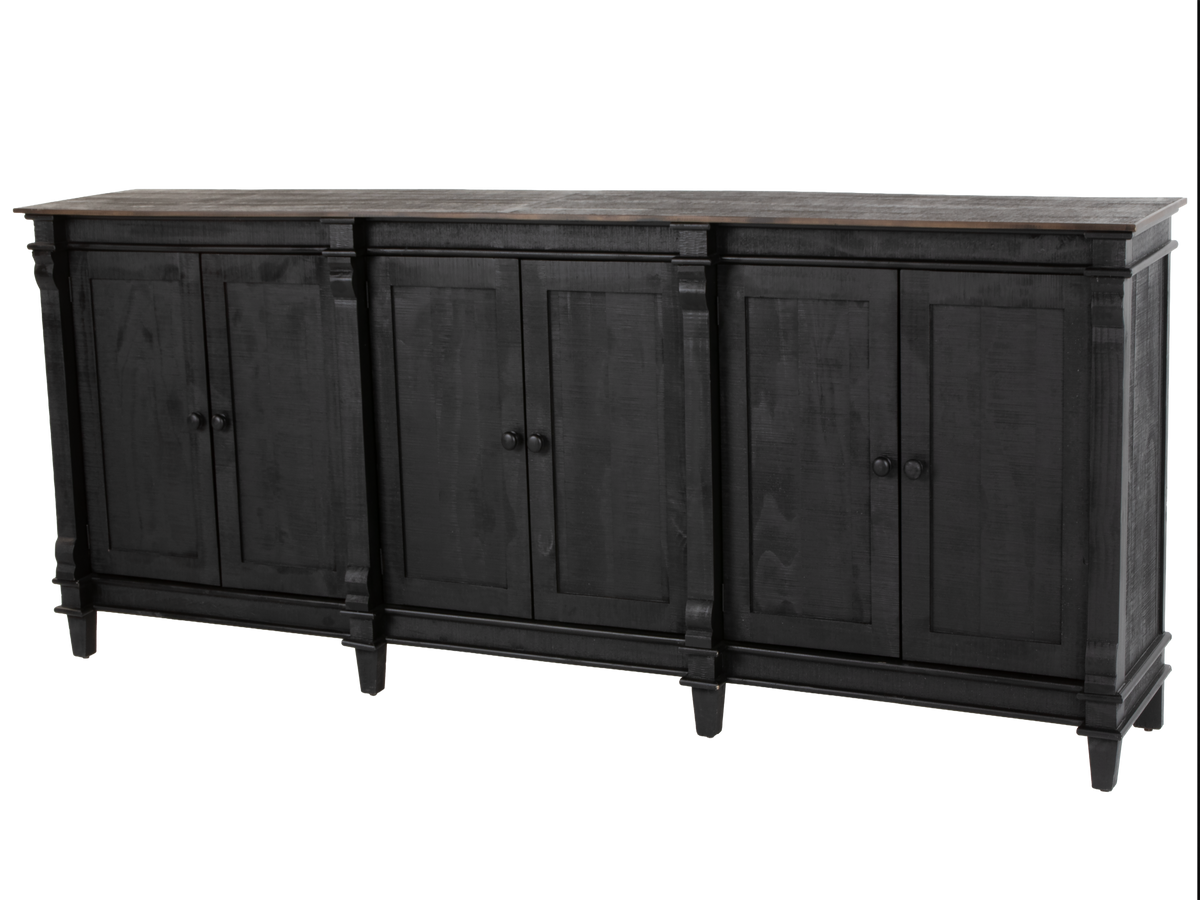 Rustic Black 4-Door Sideboard Buffet / TV Stand with Weathered Wood Top