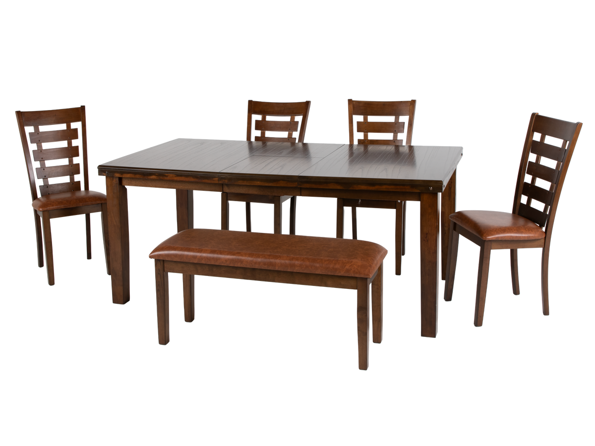 6 Piece Rectangular Dining Set with Bench – Warm Brown Finish