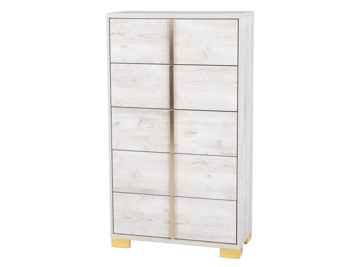 White dresser with gold accents on a white background