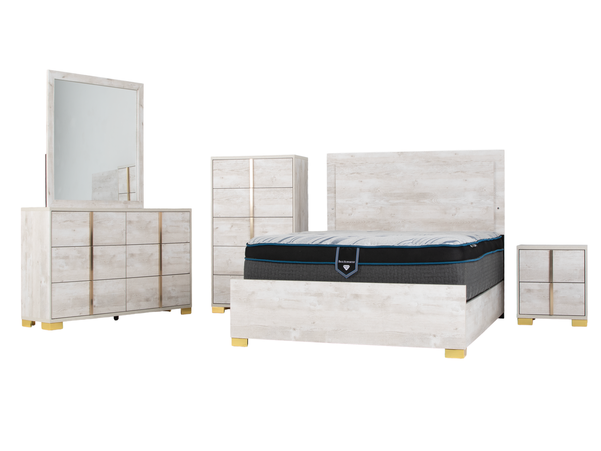 White Oak Modern 6-Piece Queen Bedroom Set (Bed, Dresser, Mirror & Nightstand)