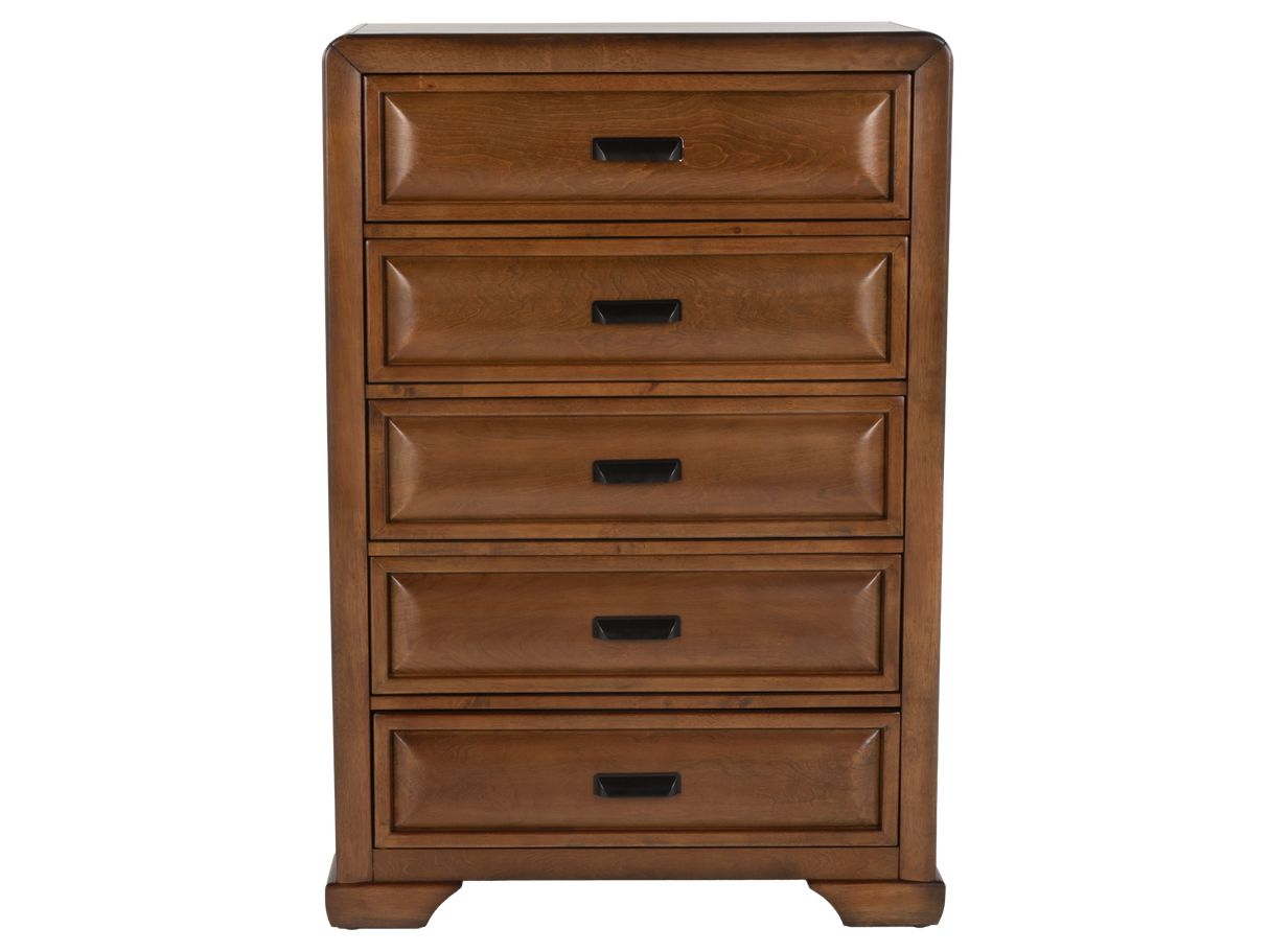 Modern Walnut 5-Drawer Chest with Brushed Metal Hardware