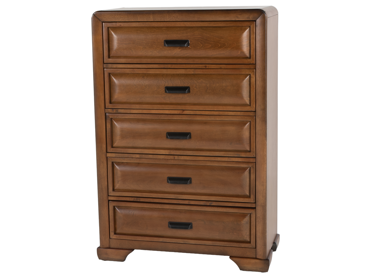 Modern Walnut 5-Drawer Chest with Brushed Metal Hardware