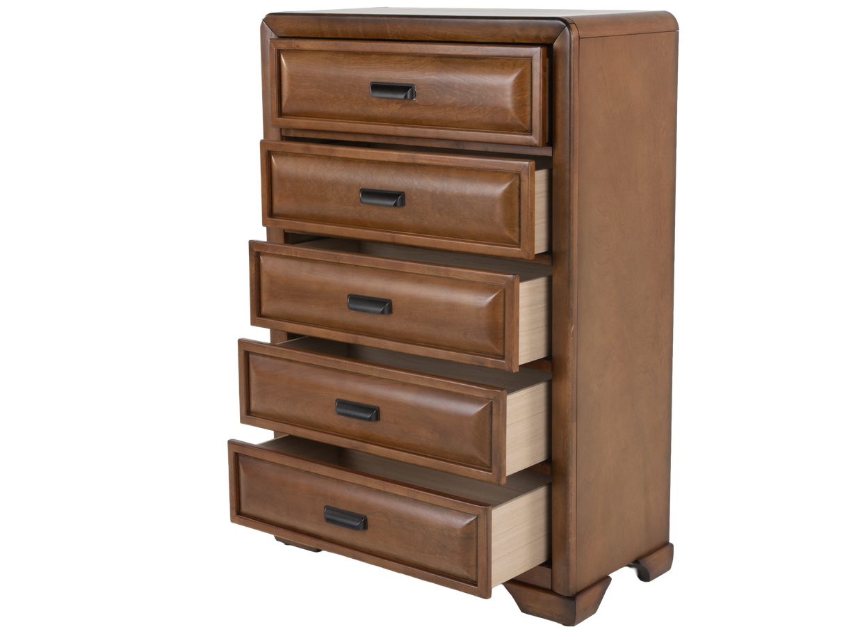 Modern Walnut 5-Drawer Chest with Brushed Metal Hardware