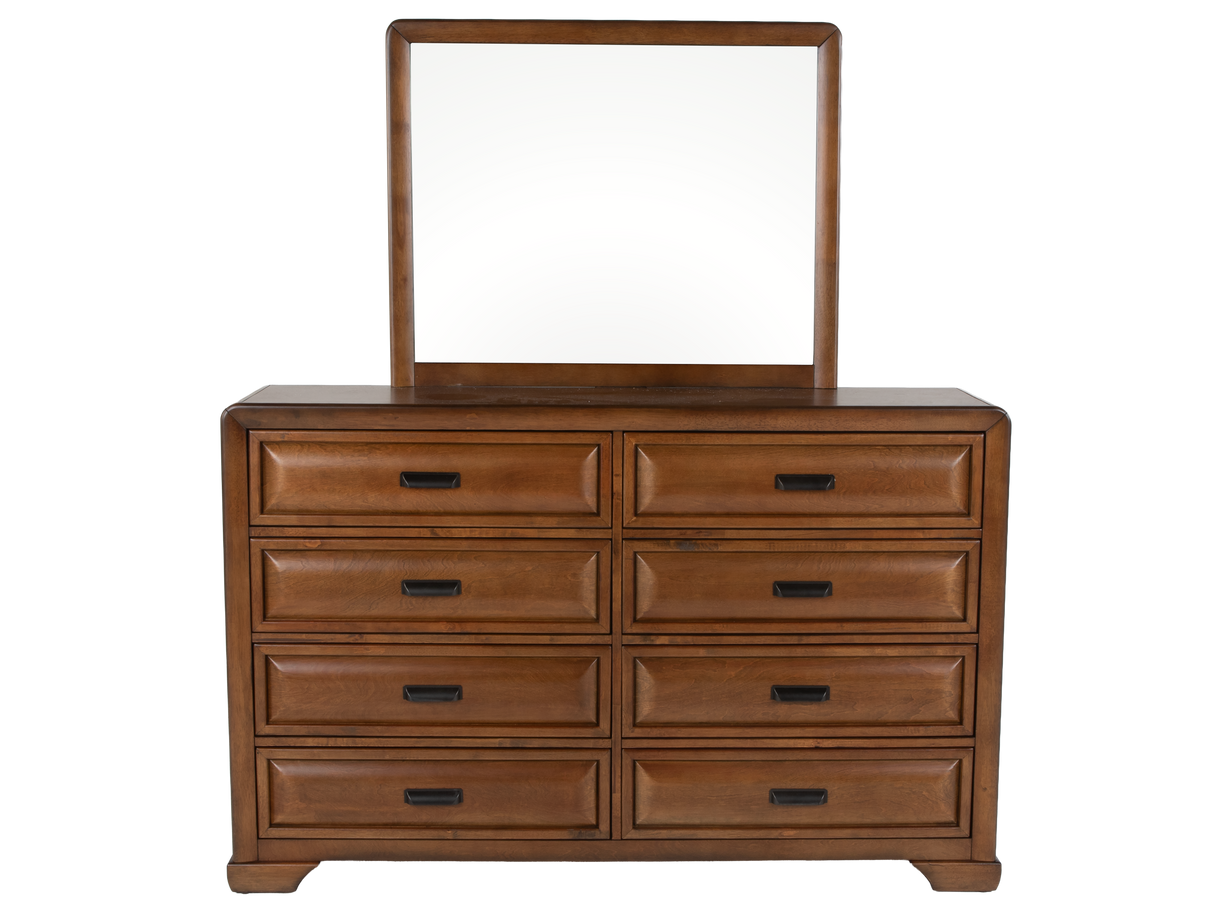 Modern Walnut & Beige Upholstered Bedroom Set with Dresser, Mirror & Nightstand