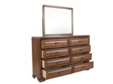 Modern Walnut & Beige Upholstered Bedroom Set with Dresser, Mirror & Nightstand
