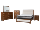 Modern Walnut & Beige Upholstered Bedroom Set with Dresser, Mirror & Nightstand