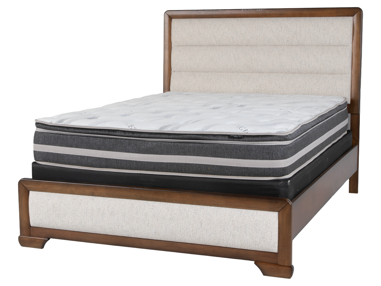 Modern Walnut & Beige Upholstered Bedroom Set with Dresser, Mirror & Nightstand