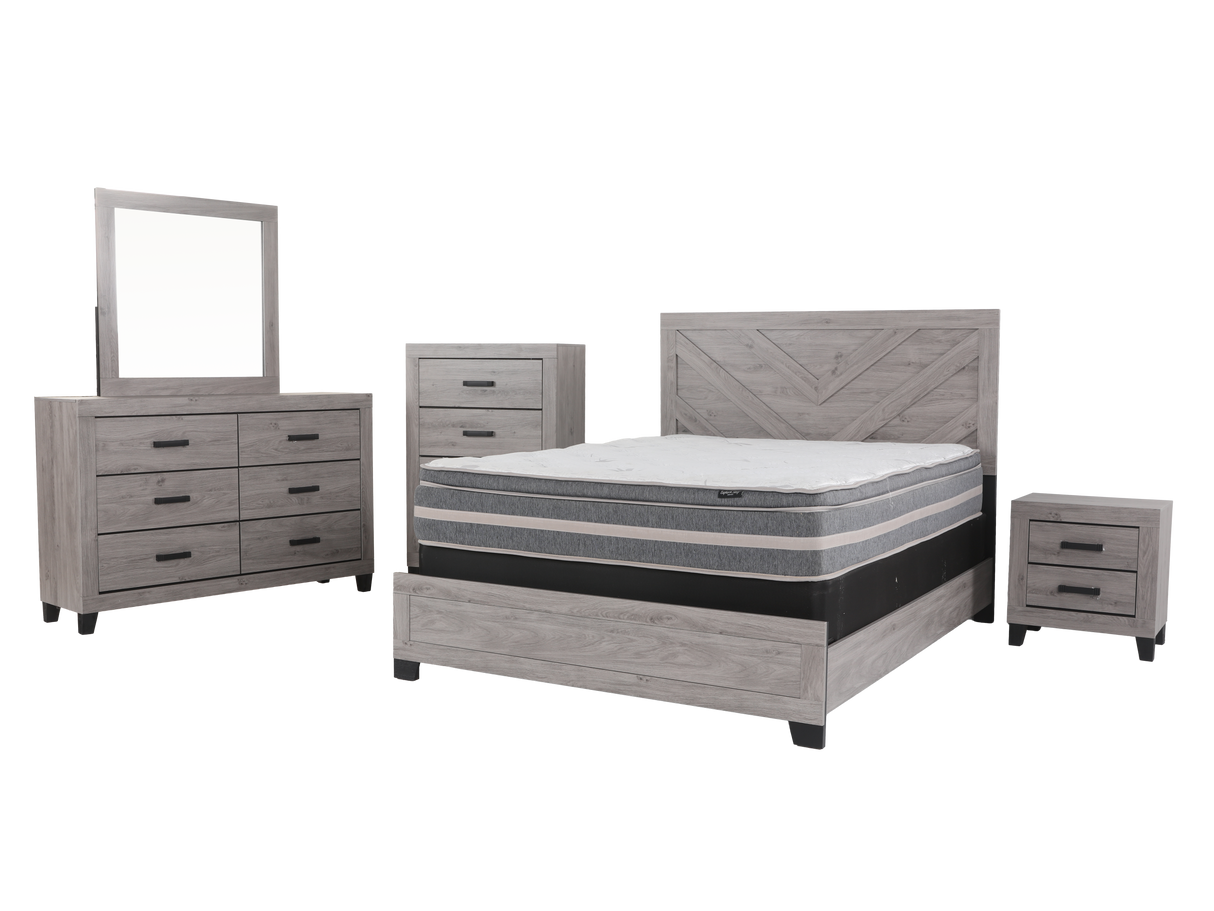 Gray bedroom furniture set with bed, dresser, mirror, and nightstands on a white background