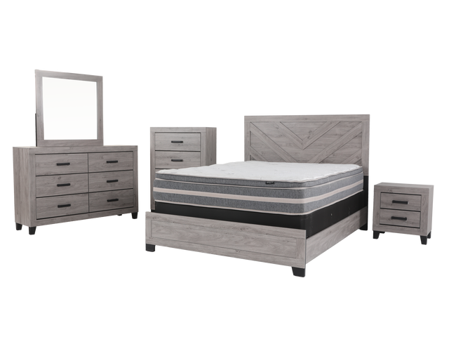 Gray bedroom furniture set with bed, dresser, mirror, and nightstands on a white background