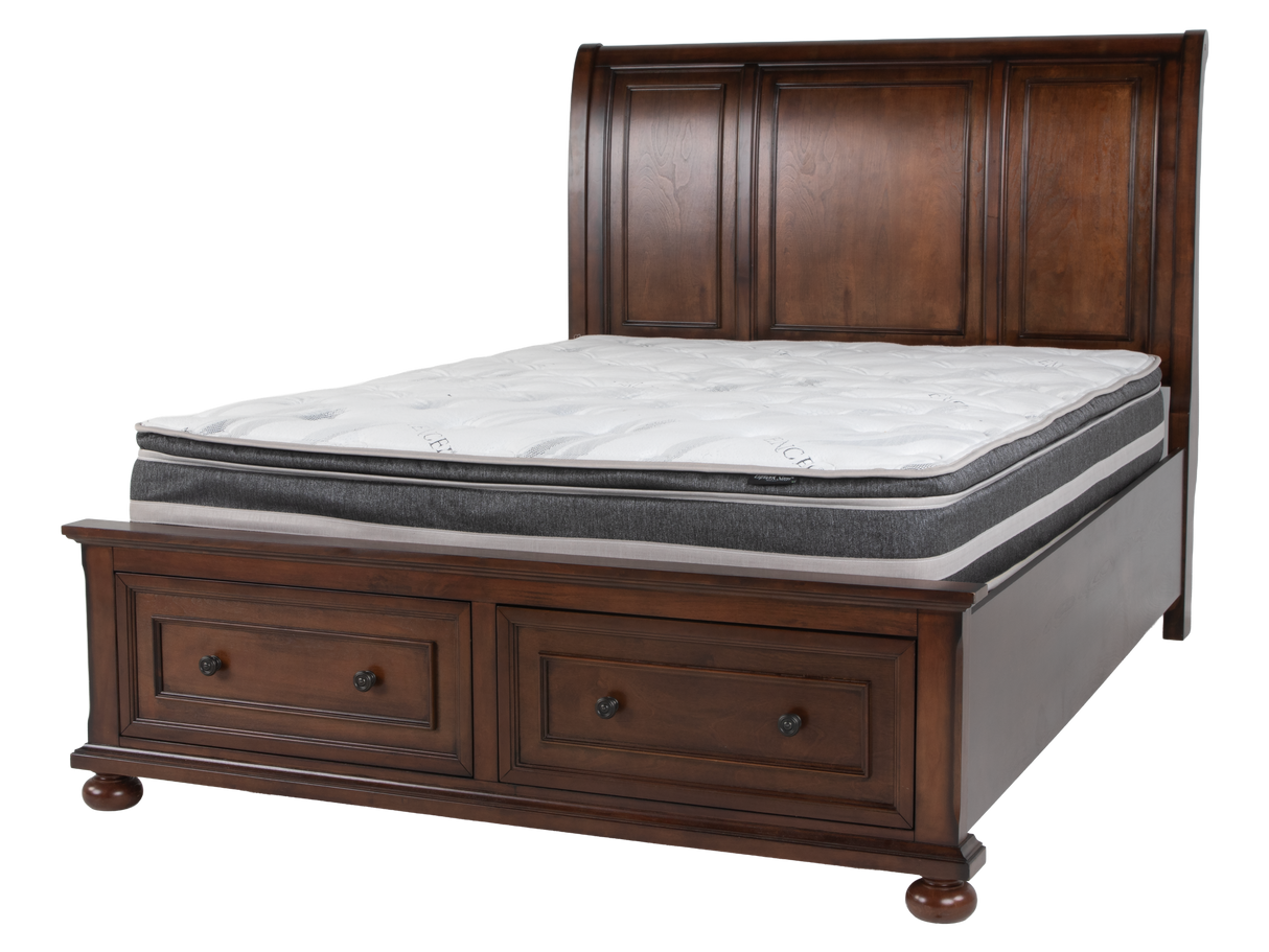Cherry Sleigh Storage Bedroom Set with Footboard Drawers, Dresser & Mirror, Nightstand