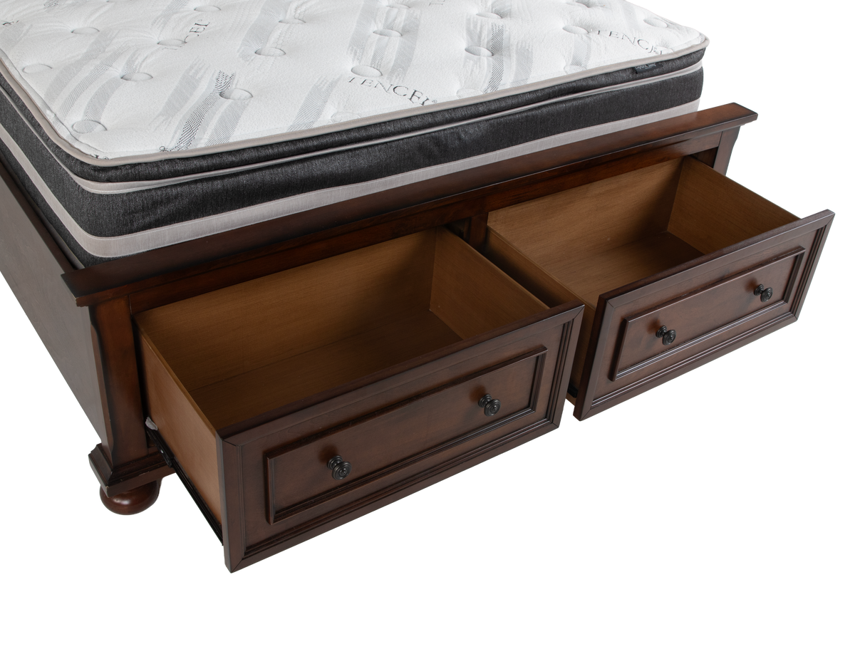 Cherry Sleigh Storage Bedroom Set with Footboard Drawers, Dresser & Mirror, Nightstand