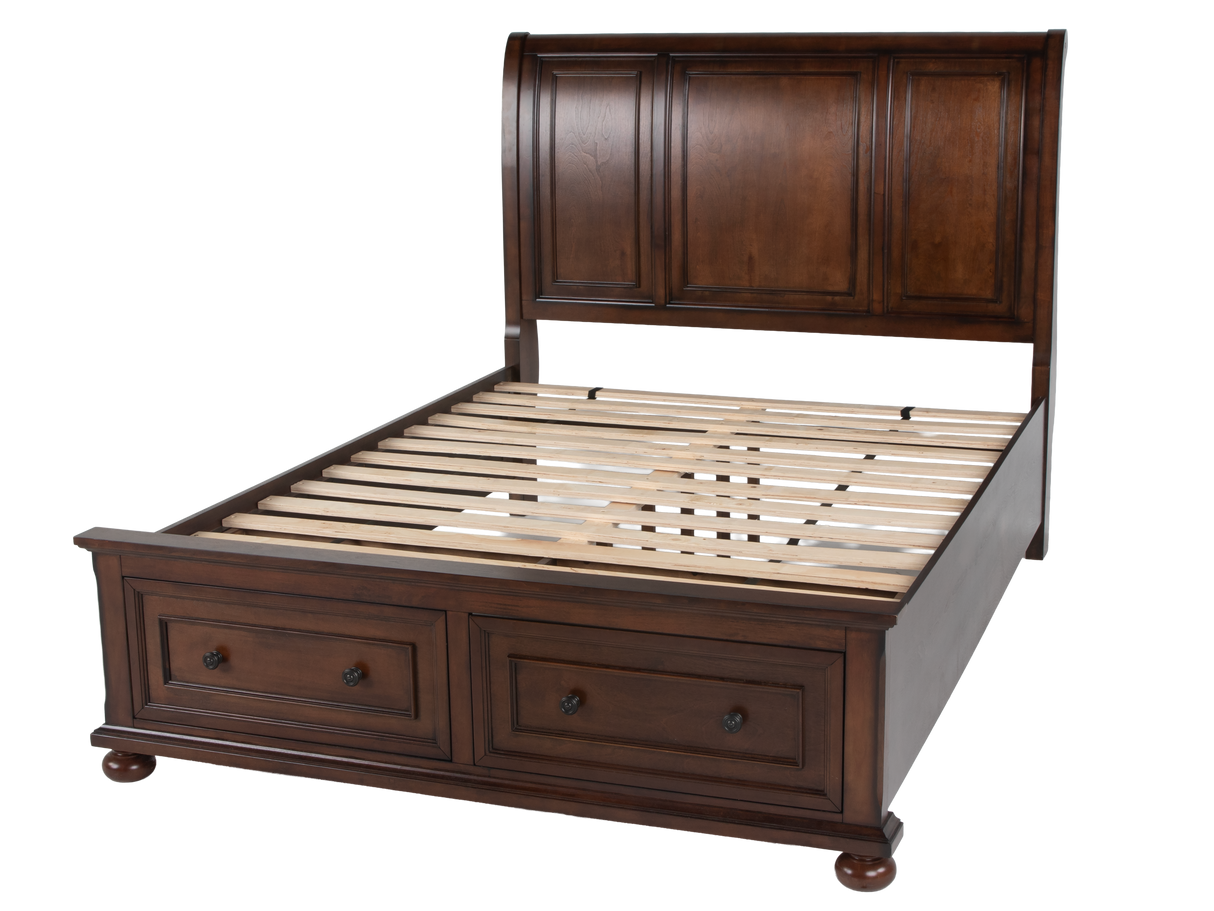 Cherry Sleigh Storage Bedroom Set with Footboard Drawers, Dresser & Mirror, Nightstand