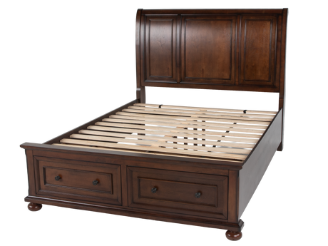 Cherry Sleigh Storage Bedroom Set with Footboard Drawers, Dresser & Mirror, Nightstand - view 3