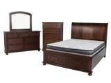 Cherry Sleigh Storage Bedroom Set with Footboard Drawers, Dresser & Mirror, Nightstand