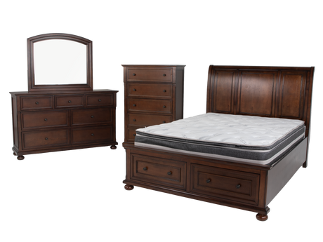 Wooden bedroom furniture set with bed, dresser, and mirror on a white background